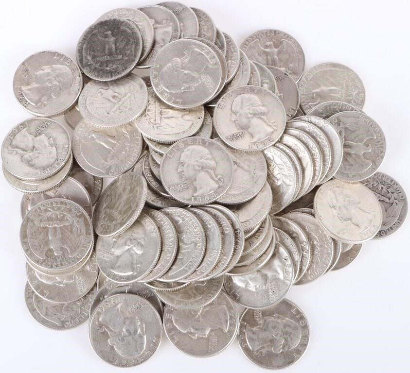 Lot 179172: 1964 WASHINGTON 90% SILVER QUARTERS - LOT OF 89