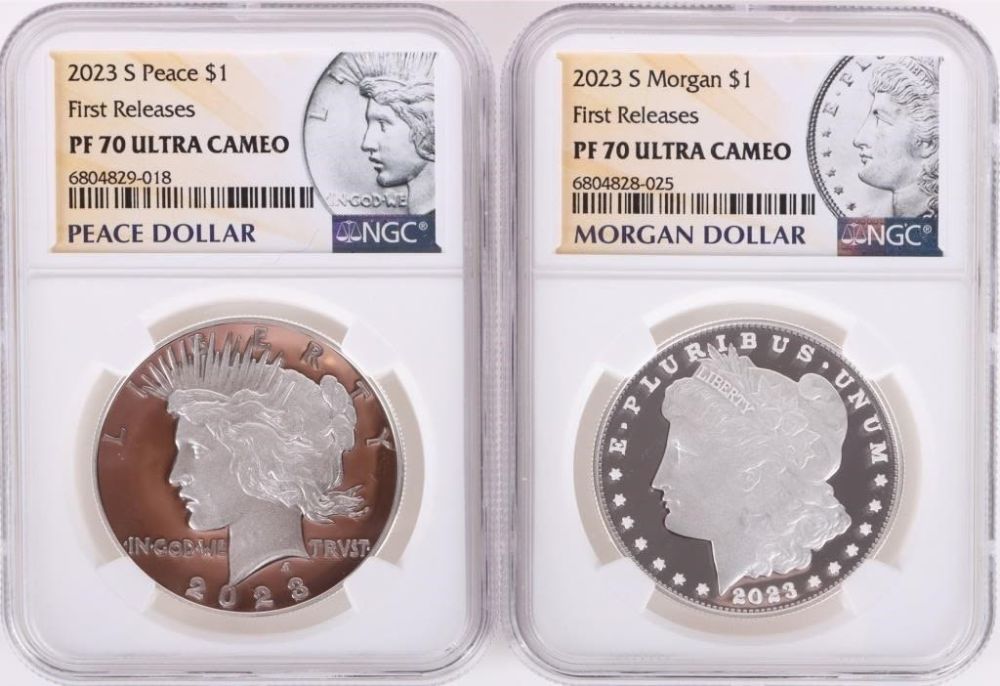 Lot 179197: 2023-S PROOF MORGAN & PEACE UCAM NGC 2 COIN SET