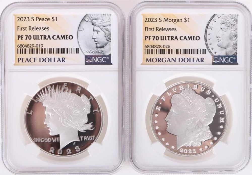 Lot 179199: 2023-S PROOF MORGAN & PEACE UCAM NGC 2 COIN SET