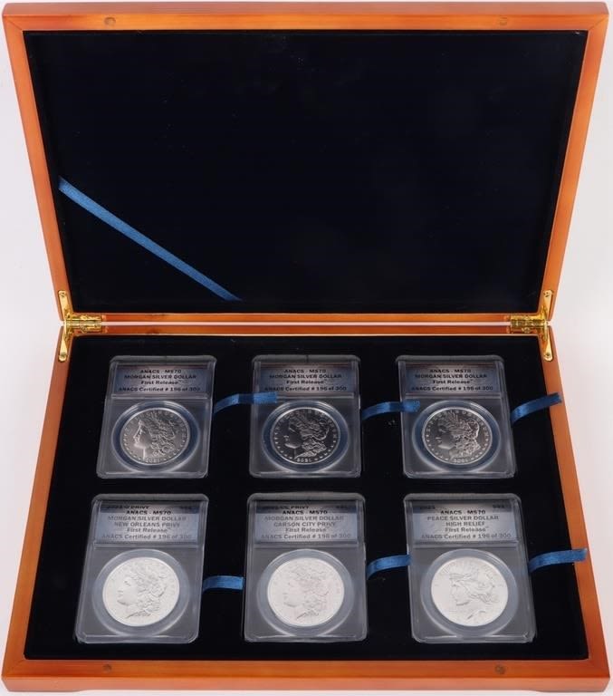 Lot 179202: 2021 MS-70 ANACS MORGAN/PEACE DOLLAR FULL SET-(6)