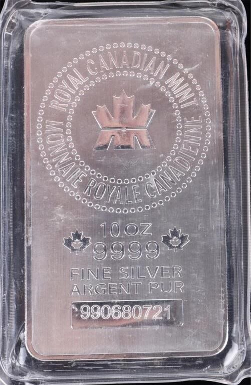 Lot 179219: .999 FINE SILVER 10.0 OZ ROYAL CANADIAN MINT BAR
