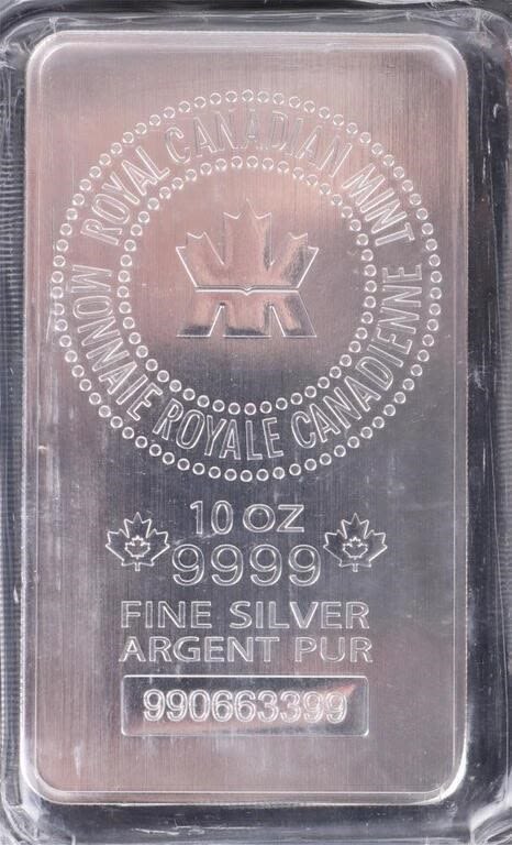 Lot 179220: .999 FINE SILVER 10.0 OZ ROYAL CANADIAN MINT BAR