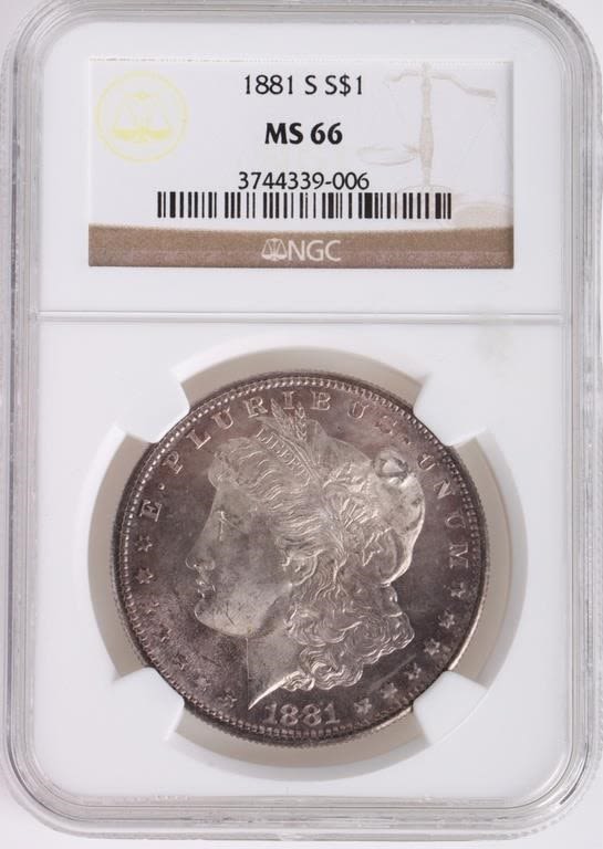 Lot 179228: 1881S MS-66 NGC RAINBOW TONED MORGAN SILVER DOLLAR