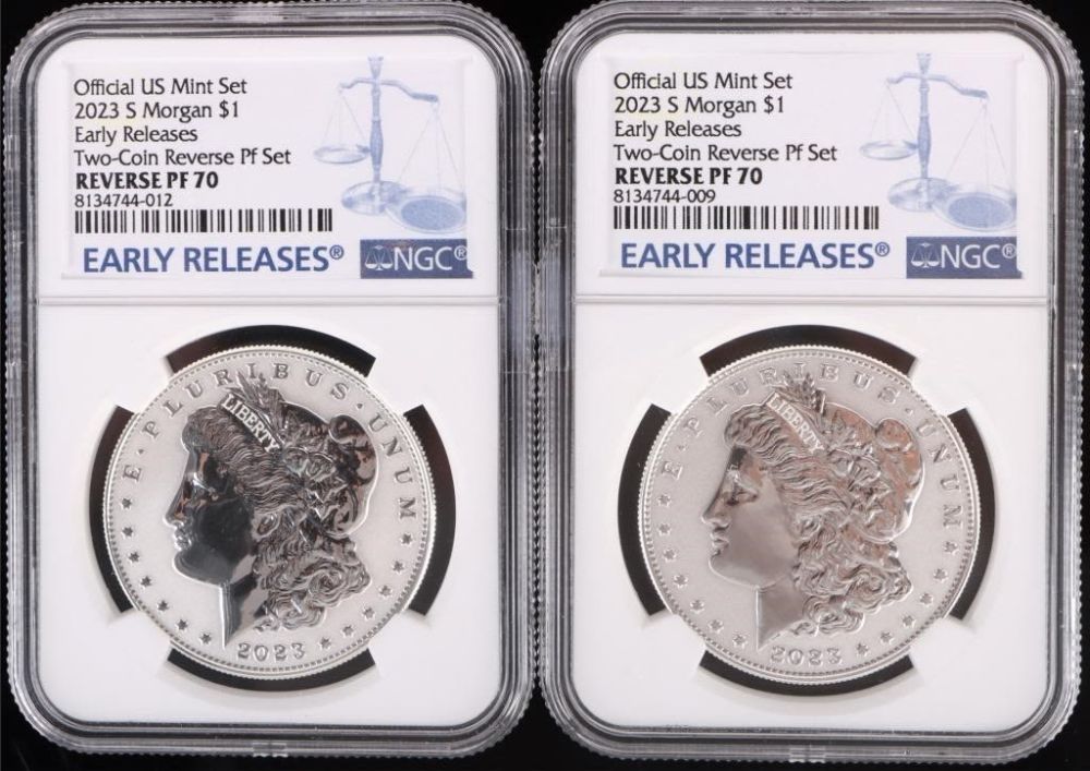 Lot 179229: 2023 S REVERSE PF-70 NGC MORGAN SILVER DOLLARS-(2)