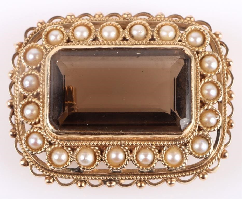 Lot 179237: 14K YELLOW GOLD BROWN TOPAZ PEARL LADIES BROOCH