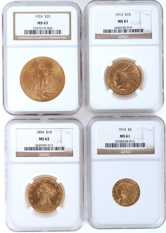 Lot 179355: SET OF 4 INDIAN HEAD, EAGLE & LIBERTY GOLD COINS