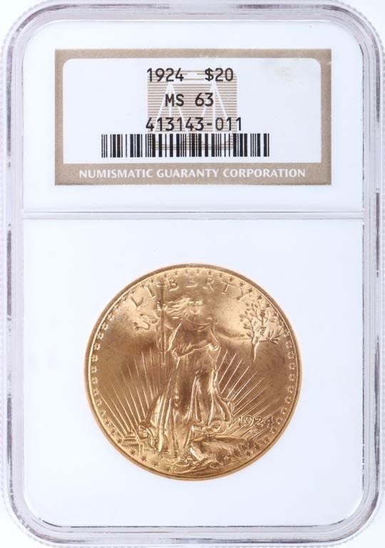 Lot 179365: 1924 SAINT GAUDENS DOUBLE EAGLE GOLD COIN MS63 $20