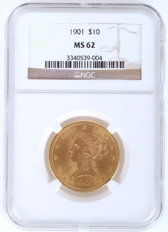 Lot 179370: 1901 LIBERTY HEAD 90% GOLD MS62 $10 COIN