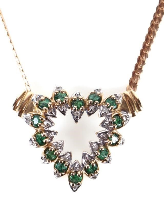Lot 181213: 14K YELLOW GOLD DIAMOND EMERALD HEART NECKALCE