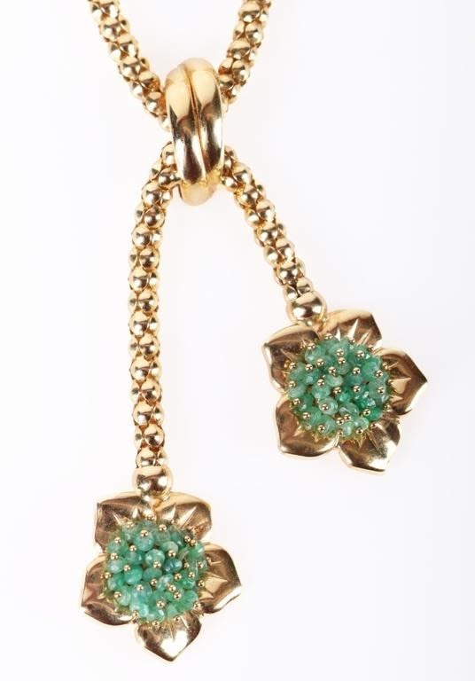 Lot 181217: 18K YELLOW GOLD EMERALD LEGI FLORAL NECKLACE