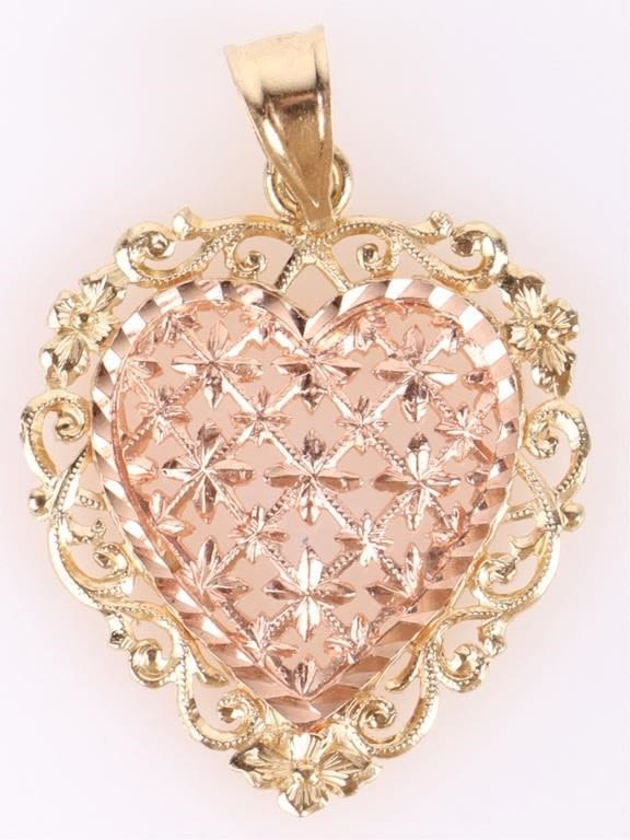 Lot 181235: 14K YELLOW & ROSE GOLD FILIGREE HEART PENDANT