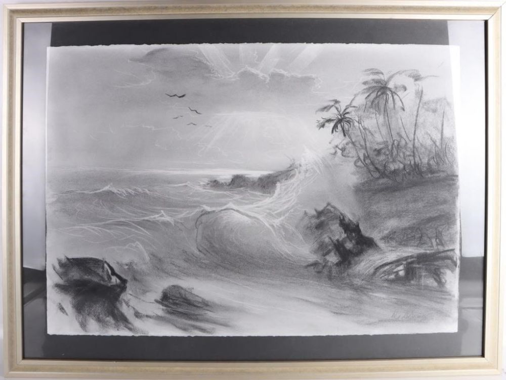 Lot 180282: ORIGINAL CHARCOAL SEASCAPE FRAMED ARTWORK