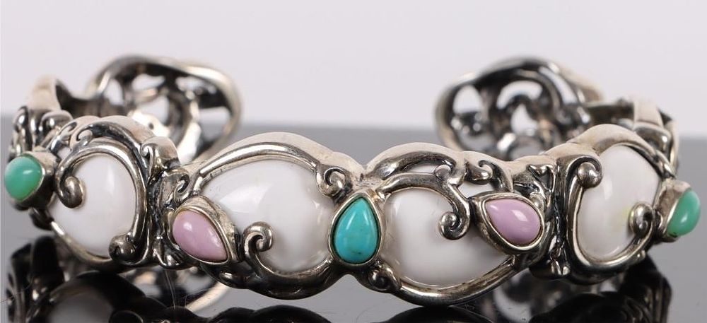 Lot 183151: ORNATE STERLING SILVER STONE CUFF BRACELET