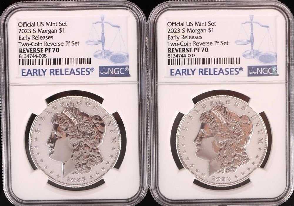 Lot 183349: 2023 S REVERSE PF-70 NGC MORGAN SILVER DOLLARS-(2)