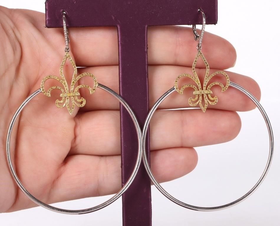 Lot 185164: 18K BI-GOLD FLEUR DE LIS DIAMOND HOOP EARRINGS