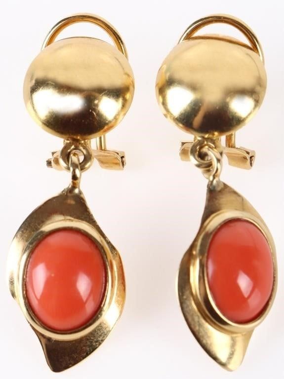 Lot 185166: INSET CORAL 18K YELLOW GOLD LADIES EARRINGS
