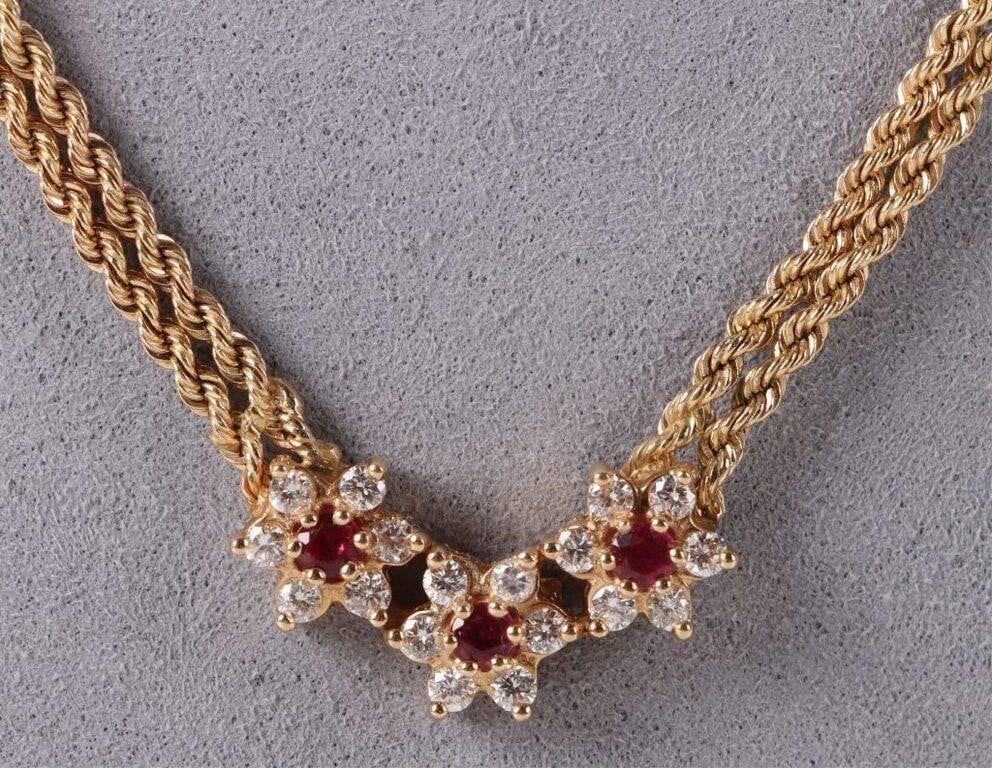 Lot 185201: 0.72CTW DIAMOND & RUBY FLORAL 14K GOLD NECKLACE