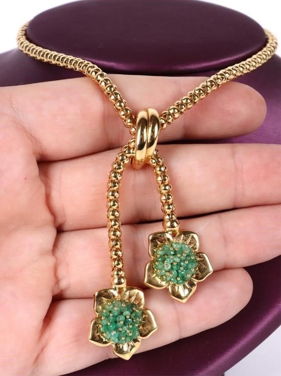 Lot 185206: 18K YELLOW GOLD EMERALD LEGI FLORAL NECKLACE