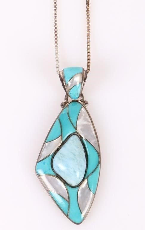 Lot 185209: TURQUOISE, MOP & LARIMAR STERLING SILVER NECKLACE