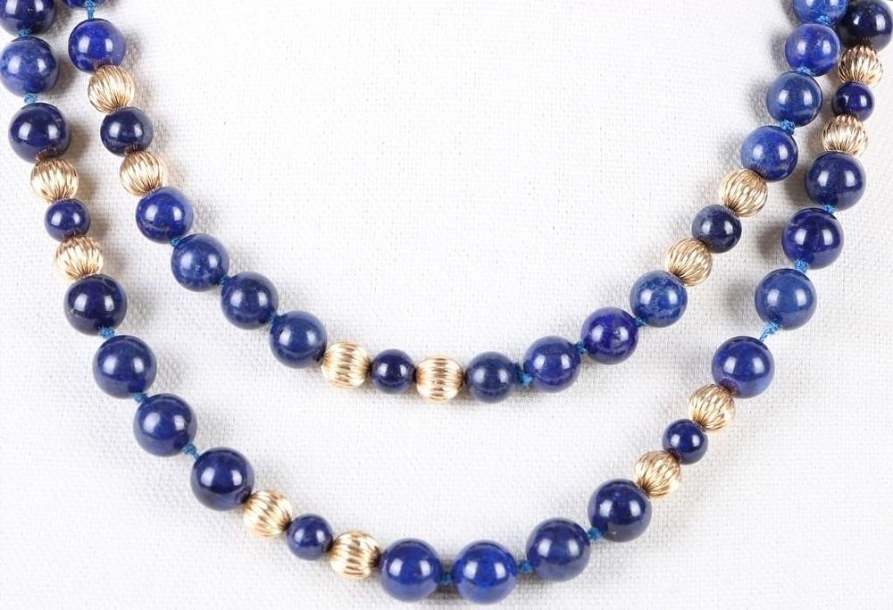 Lot 185217: 14K YELLOW GOLD & LAPIS LAZULI BEADED NECKLACE