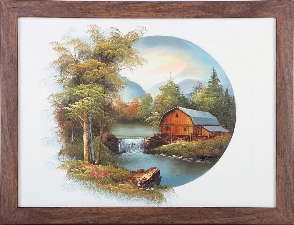 Lot 185224: BOB ROSS LANDSCAPE OIL ON CANVAS IN THE MANNER OF