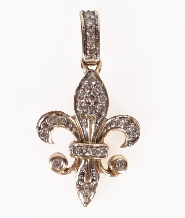 Lot 185246: FLEUR DE LIS 10K YELLOW GOLD DIAMOND PENDANT