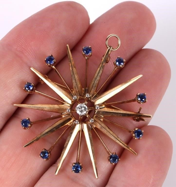 Lot 185255: ANTIQUE 14K GOLD DIAMOND SAPPHIRE SUNBURST PENDANT