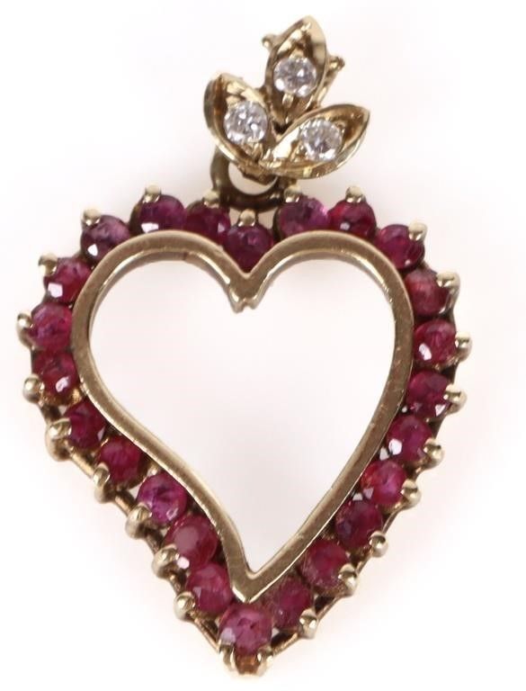 Lot 185267: 14K YELLOW GOLD RUBY DIAMOND HEART PENDANT