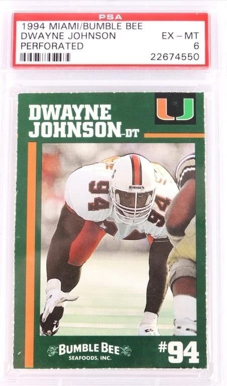 Lot 185306: 1994 MIAMI/BUMBLE BEE DWAYNE JOHNSON PSA 6 CARD