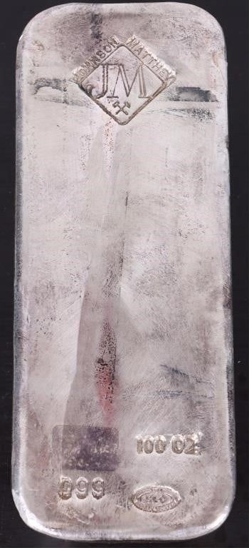 Lot 185368: JOHNSON MATTHEY .999 FINE SILVER 100 OZ BAR