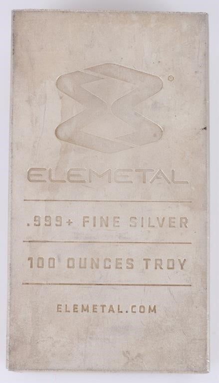 Lot 185369: ELEMETAL 100 OZ FINE SILVER BAR BURNISHED FINISH