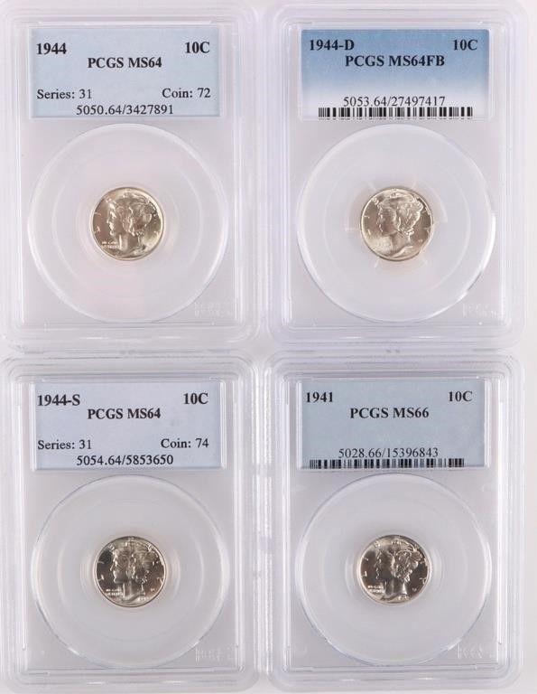 Lot 185373: 90% SILVER MERCURY DIMES PCGS GRADED - LOT OF 4