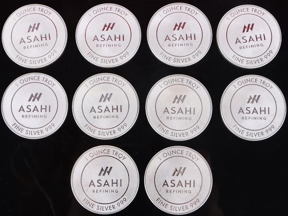 Lot 185377: .999 FINE SILVER 1OZ ASAHI REFINING COINS - (10)
