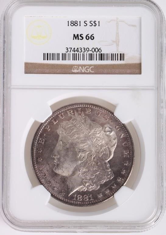 Lot 185380: 1881S MS-66 NGC RAINBOW TONED MORGAN SILVER DOLLAR