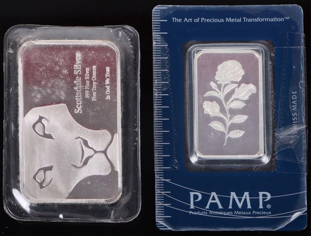 Lot 185383: .999 FINE SILVER 5.64 OZT PAMP & PREY MINT BARS