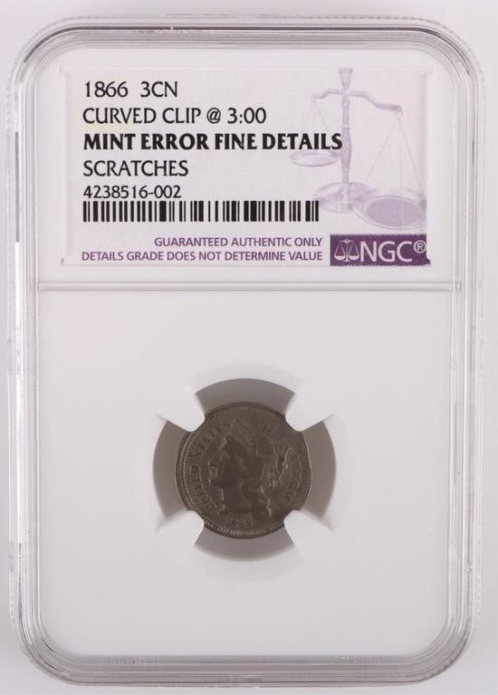 Lot 185385: 1866 3CN CURVED CLIP @3:00 MINT ERROR COIN