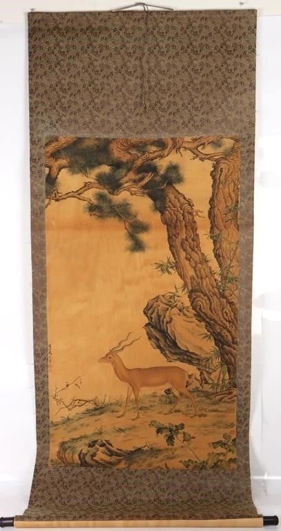 Lot 186328: ANTIQUE WATERCOLOR HUAGASHAN PINE & GAZELLE SCROLL