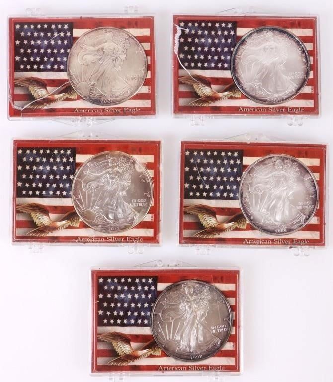 Lot 186393: RAINBOW TONED AMERICAN SILVER EAGLE BULLION - (5)