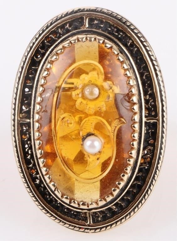 Lot 187156: AMBER GLASS & PEARL 14K YELLOW GOLD LADIES RING