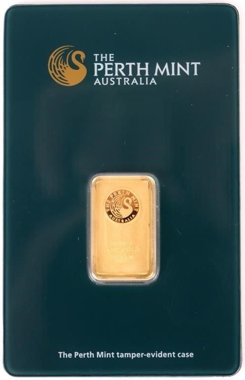 Lot 187184: 5 GRAM FINE GOLD BAR PERTH MINT IN SEALED ASSAY