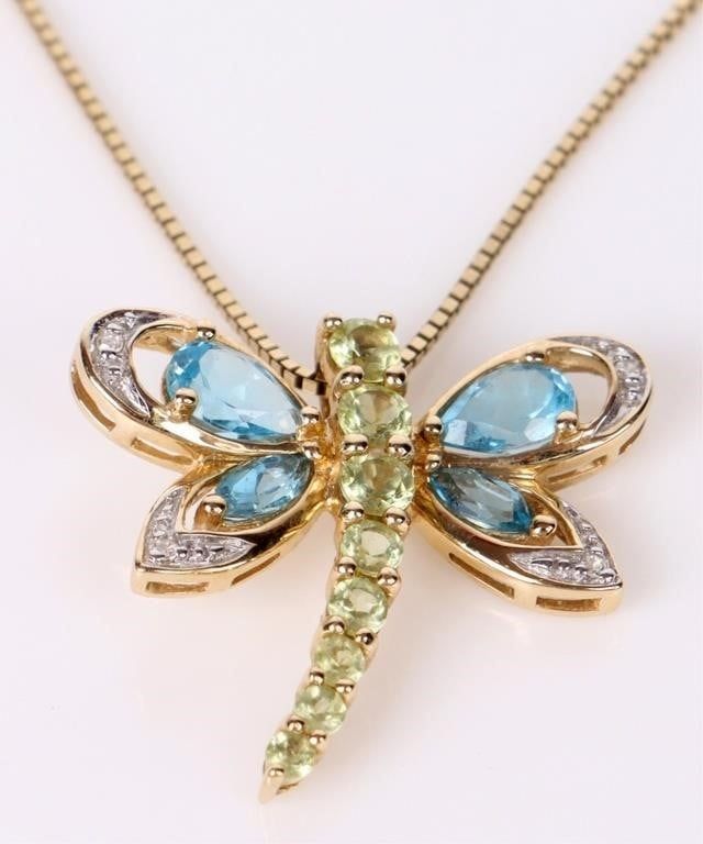 Lot 187202: TOPAZ DRAGONFLY PENDANT 14K GOLD NECKLACE