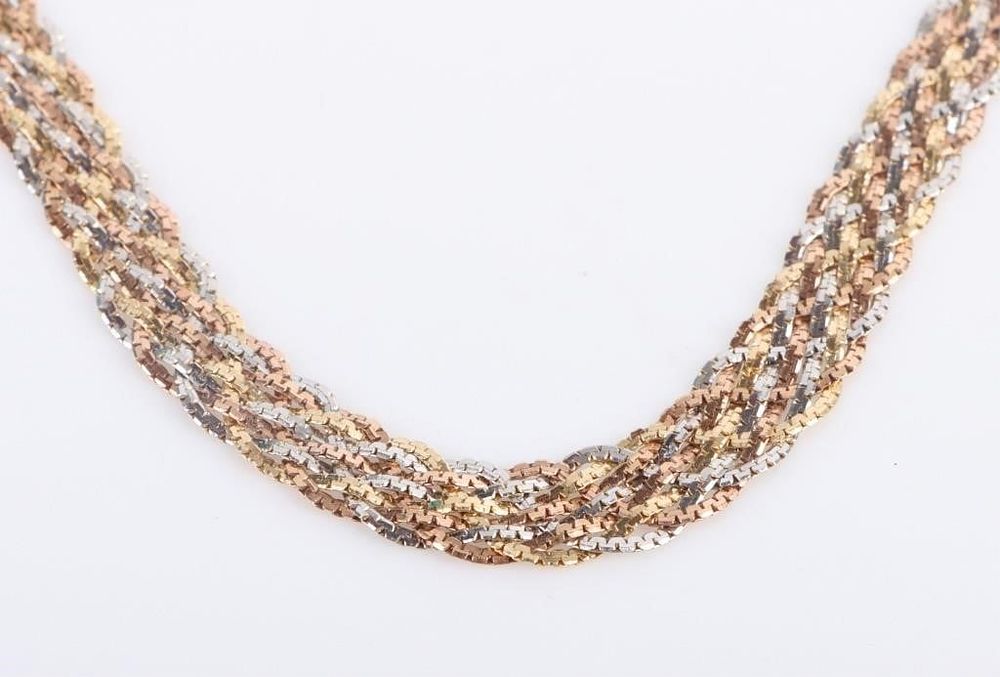 Lot 187213: 18K YELLOW/WHITE TRI GOLD BRAIDED UNISEX NECKLACE
