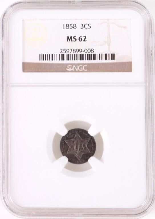 Lot 187387: 1858 P SILVER 3 CENT PIECE NGC GRADED MS-62