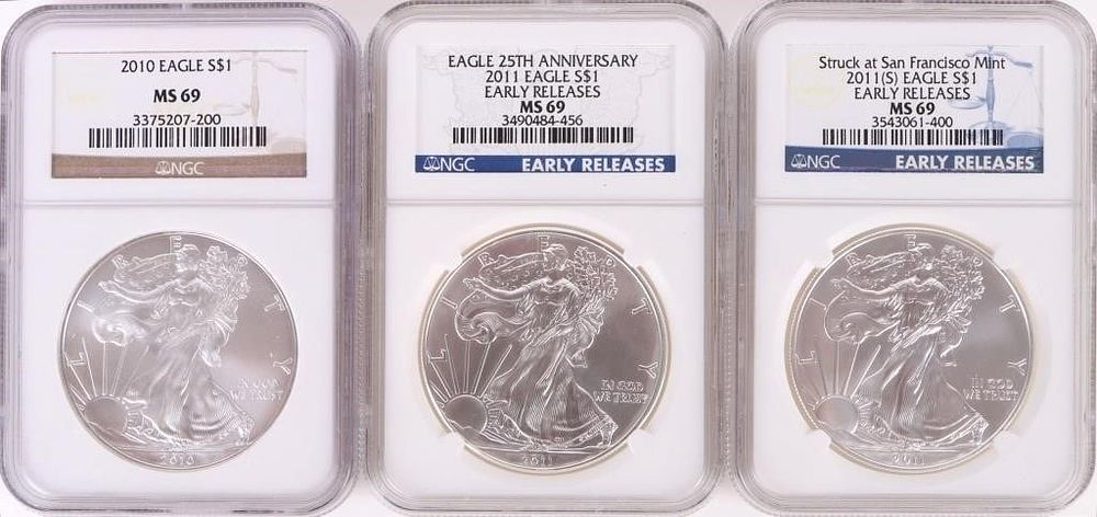 Lot 187392: 2011 & 2010 SILVER EAGLE COINS NGC MS69
