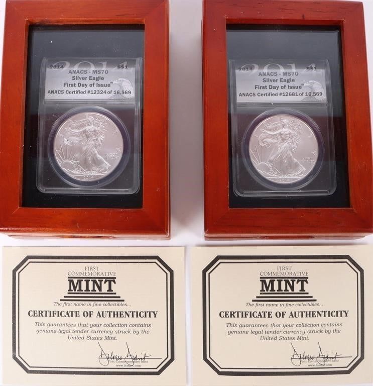 Lot 187396: 2014 SILVER EAGLE FDOI - ANACS MS70 - COINS W/ COA
