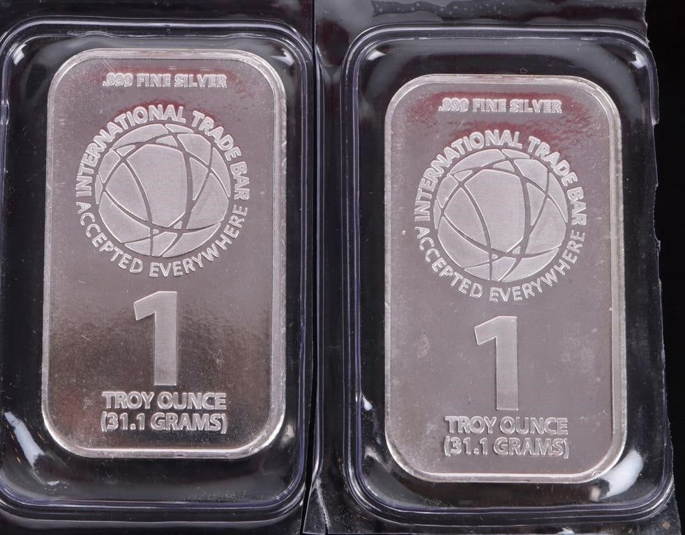 Lot 187397: 1 TROY OZ FINE SILVER INTERNATIONAL TRADE BAR-(2)
