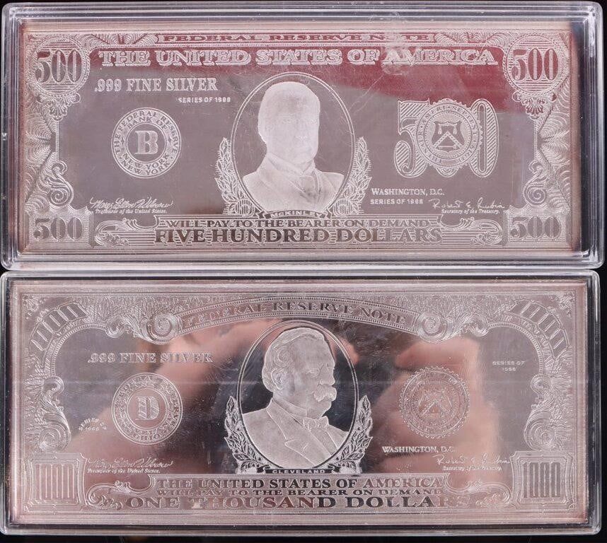 Lot 187398: FINE SILVER U.S 1000 & 500 DOLLAR 4.4 OZ BARS -(2)