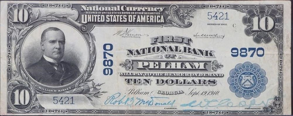 Lot 187402: 1902 NATIONAL CURRENCY $10 BILL PELHAM GEORGIA