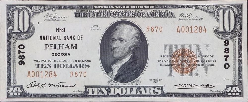 Lot 187403: 1929 NATIONAL CURRENCY $10 BILL PELHAM GEORGIA
