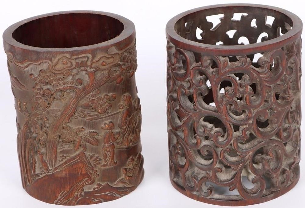 Lot 187406: ANTIQUE ASIAN HAND-CARVED WOODEN JAR PAIRS